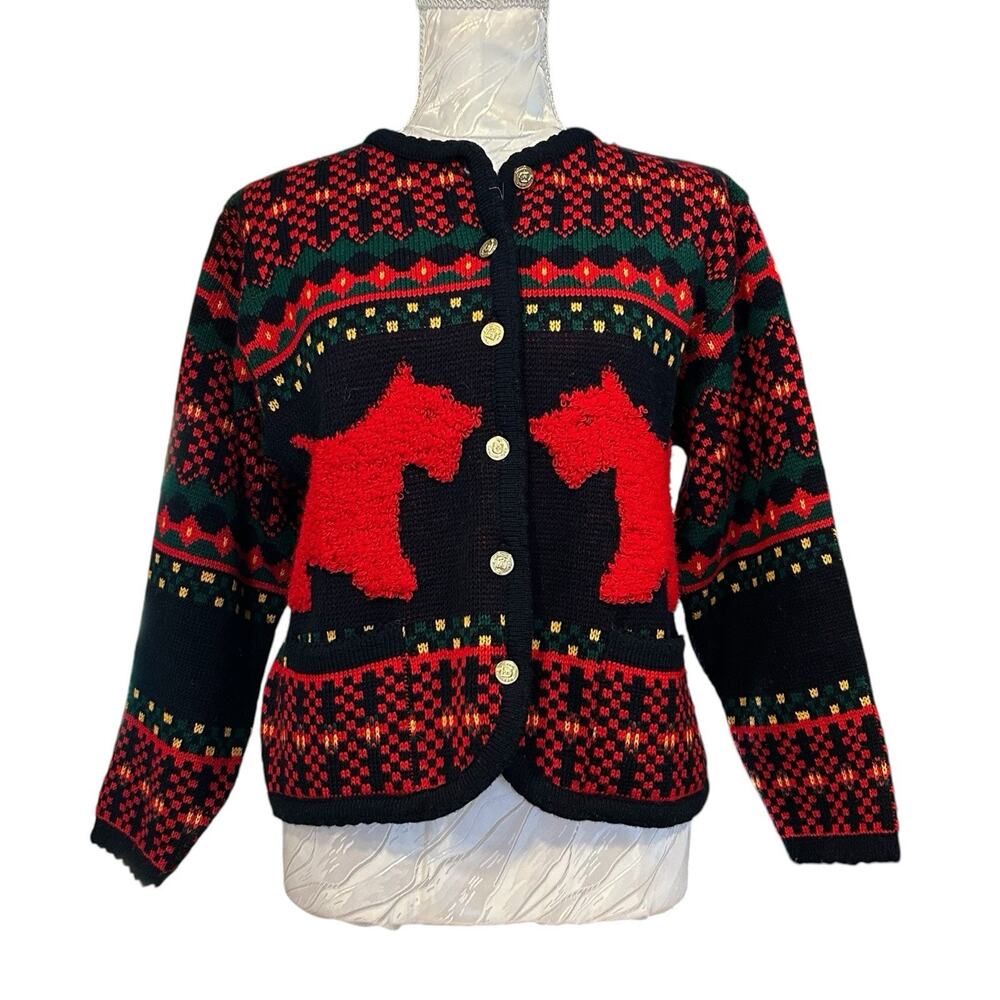 Vintage 80s Dog Fair Isle Cardigan Navy Red Gold Buttons Novelty Knit L - Picture 2 of 14